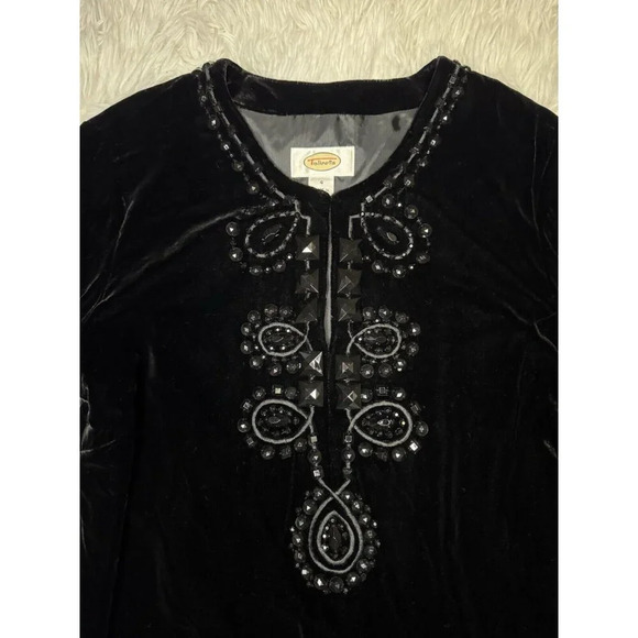 TALBOTS Women Blouse Top Black Silk Blend Velvet Rhinestone Sz 4 Holiday Goth - Picture 2 of 9